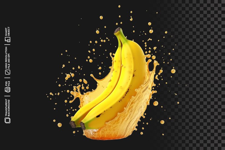 PSD splash de plátano fresco con líquido amarillo sobre fondo aislado transparente