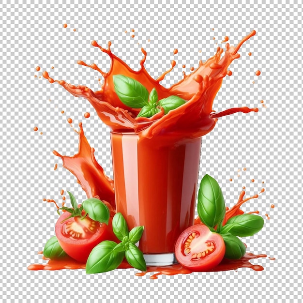 PSD splashing tomato juice with flying basil leaves on transparent background ai generative