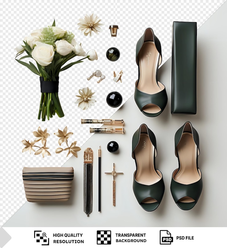 PSD splendida collezione di scarpe e accessori di lusso di design esposto su uno sfondo trasparente adornato di fiori bianchi e un vaso nero accompagnato da una penna d'argento