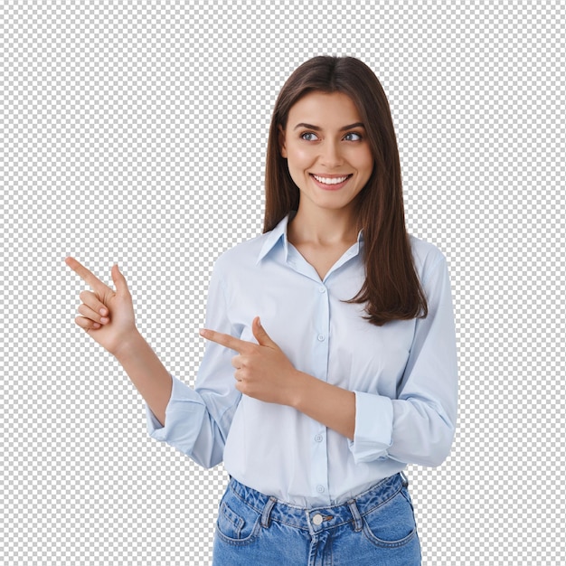 Splendida giovane donna adulta in camicia blu presentare la sua compagnia striscia amichevole e felice sorridente puntando a sinistra guardando spazio bianco vuoto per la vostra pubblicità in piedi parete dello studio