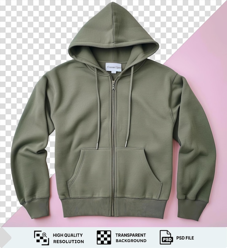 PSD splendida vista anteriore cattura un cappuccio di qualità khaki materiale di cotone etichetta di tessuto
