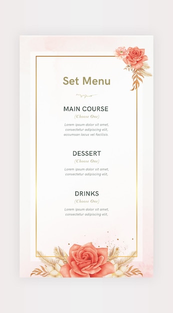 Splendido set di menu decorazione ristorante e caffè fiorista instagram storie modello di progettazione