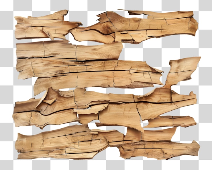 PSD splintered and broken light pine wooden wall on white background