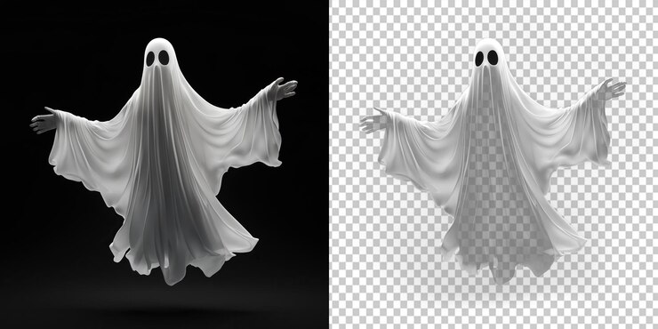 PSD spooky white ghost floating png ideale per la pubblicità di halloween sfondio trasparente per arte digitale a tema inquietante