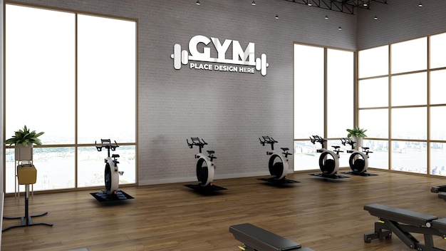 Sportlogomodell im Fitnessraum mit weißer Wand