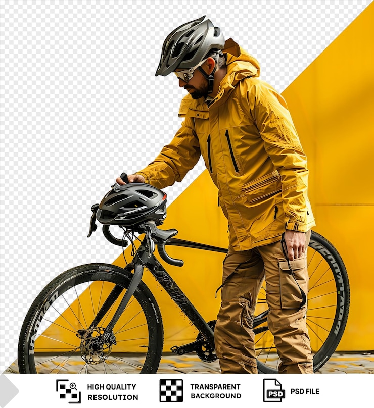PSD sportman à fond transparent ajustant les sangles du casque avant le tour de vélo png psd