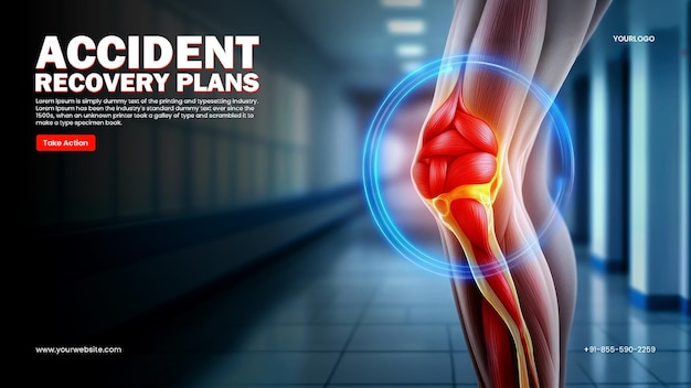 Sporttherapie-Banner-Vorlage für Schmerzbehandlung mit digitaler Knie-Schmerz-Illustration mit Gelenkmuskeln, die über einem einfachen Hintergrund hervorgehoben werden