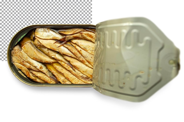 sprats in oil in an oval open jar isolated on a transparent background