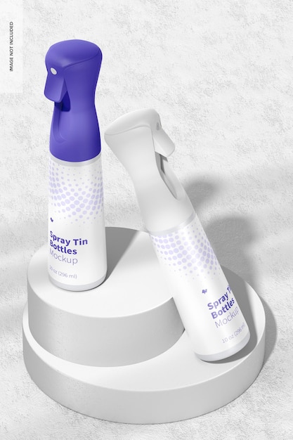 Spray bottiglie di latta Mockup, vista prospettica
