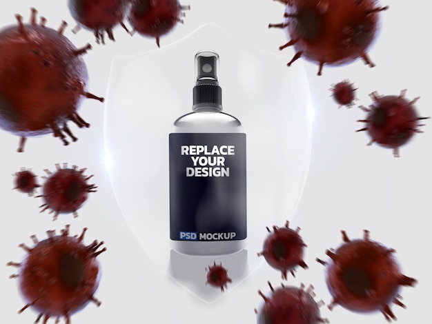 PSD spray de álcool corona virus mockup 3d rendering design