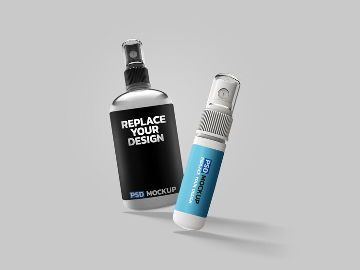PSD spray de álcool corona virus mockup 3d rendering design