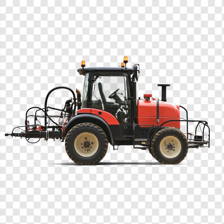 PSD sprayer em ação aplicando produtos químicos a culturas isoladas em fundo transparente