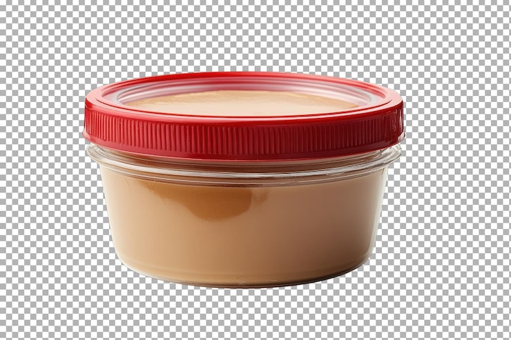 PSD spread marrom cremoso em um frasco de vidro com uma tampa vermelha colocada em um fundo branco mostrando sua textura lisa