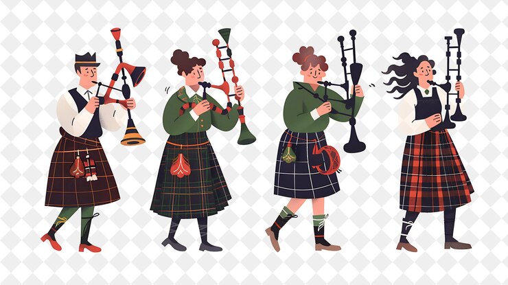 PSD spring bagpipe performance mit charakteren, die bagpipe spielen png festival 2d flat art illustrationen