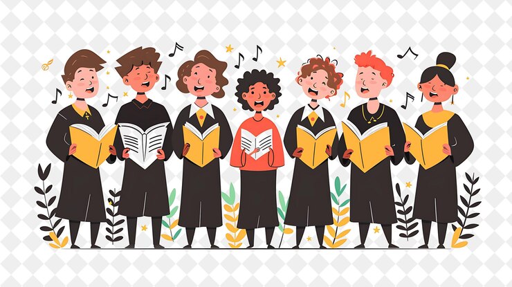 PSD spring choir performance com personagens cantando em um coro png festival 2d flat art ilustrações