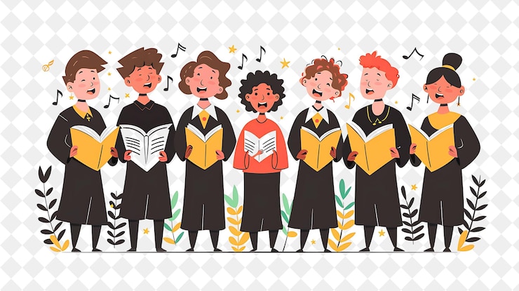 PSD spring choir performance con personaggi che cantano in un coro png festival 2d flat art illustrations