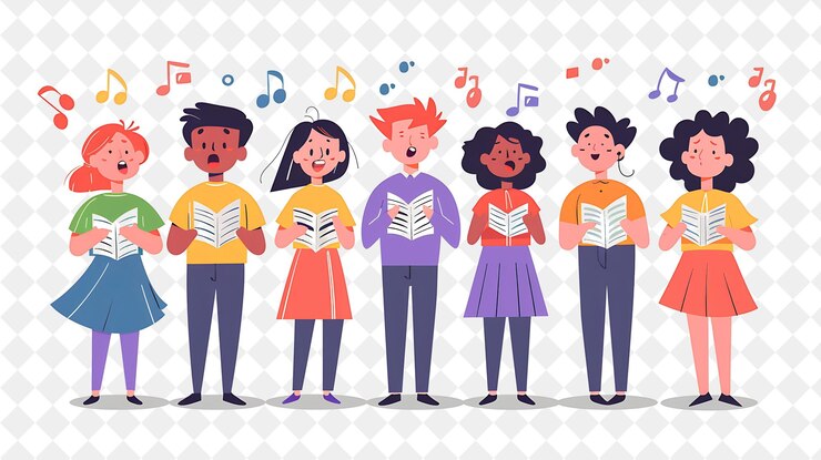 PSD spring choir performance con personaggi che cantano in un coro png festival 2d flat art illustrations