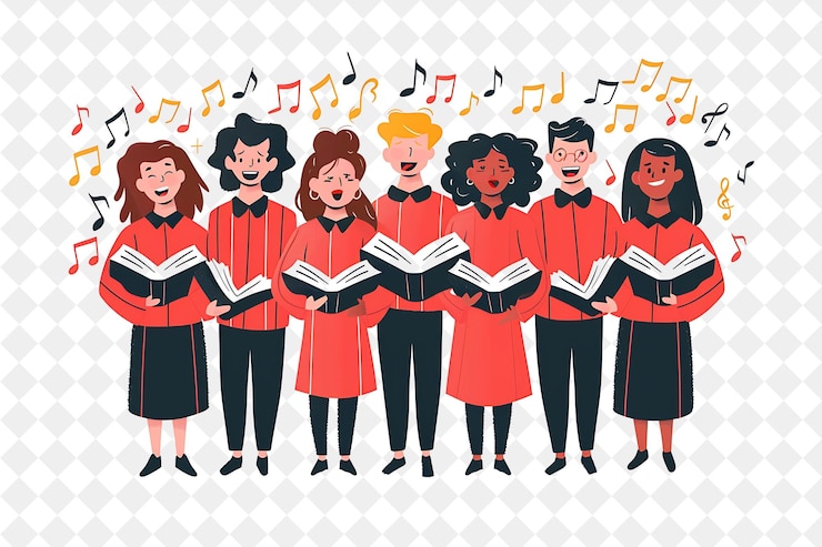 PSD spring choir performance con personaggi che cantano in un coro png festival 2d flat art illustrations