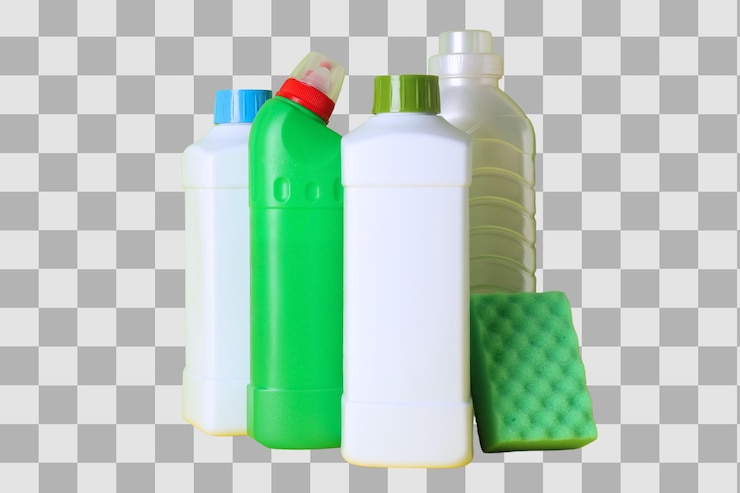 PSD spring cleaning detergent bottles and sponge isolated on a white background png