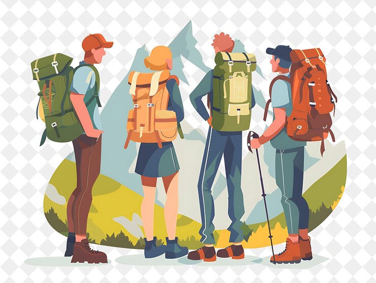 PSD spring hiking trip with hikers exploring the great outdoors png festival 2d flat art illustrations