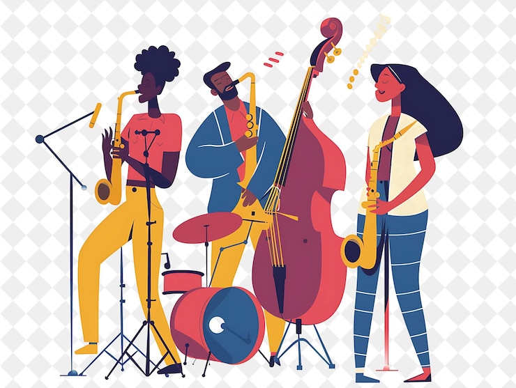 PSD spring jazz performance con personaggi che eseguono jazz musi png festival 2d flat art illustrations