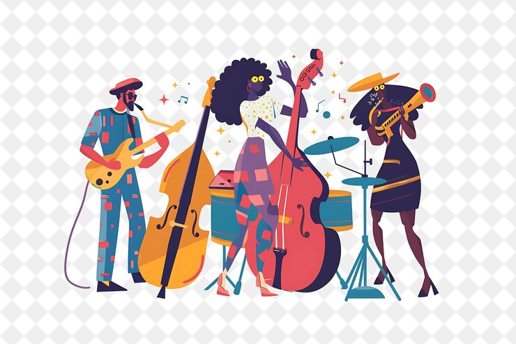 PSD spring jazz performance con personaggi che eseguono jazz musi png festival 2d flat art illustrations