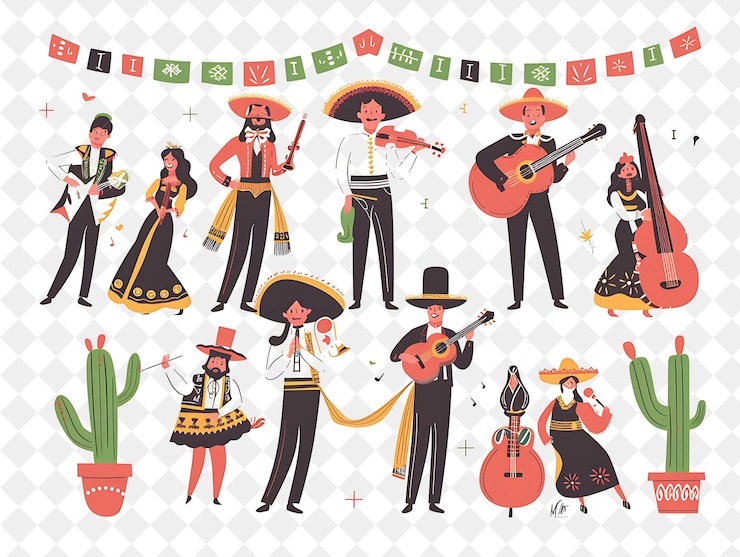 PSD spring mariachi band performance con personaggi che suonano in png festival 2d flat art illustrations