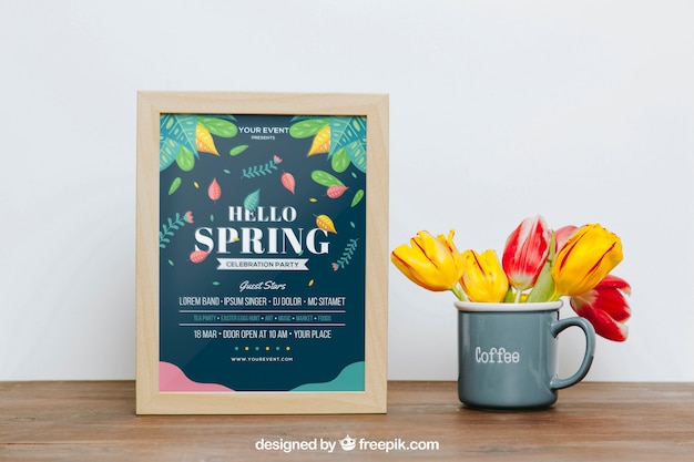 Spring mockup con cornice accanto alla tazza