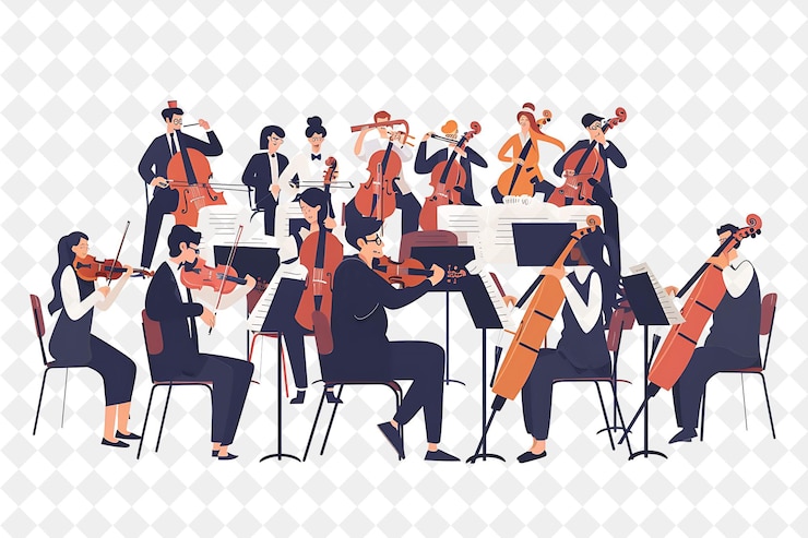 PSD spring orchestra performance con personaggi che suonano in un o png festival 2d flat art illustrations