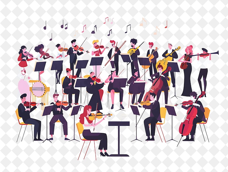 PSD spring orchestra performance con personaggi che suonano in un o png festival 2d flat art illustrations