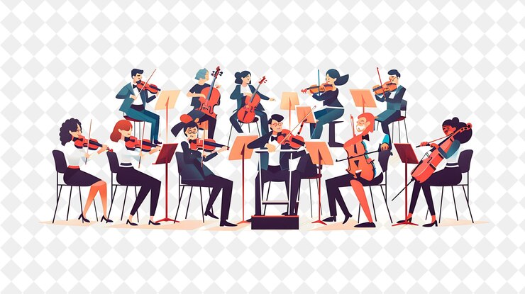 PSD spring orchestra performance con personaggi che suonano in un o png festival 2d flat art illustrations