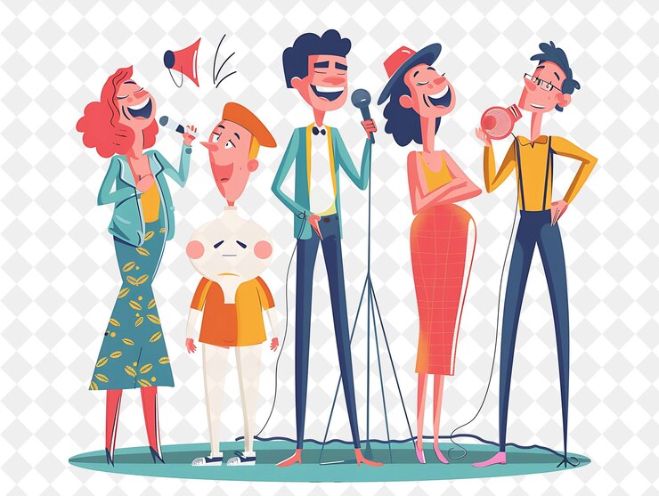 PSD spring ventriloquism show com personagens executando ventril png festival 2d flat art ilustrações