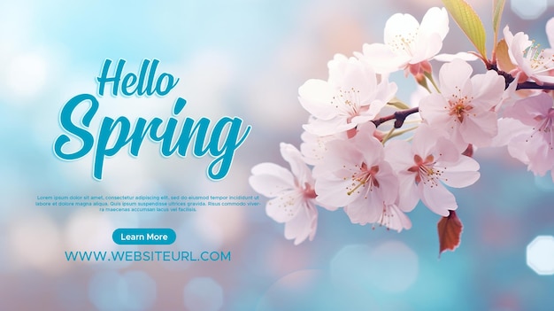 Spring Web Banner Social Media Template Design fundo de flores desfocadas