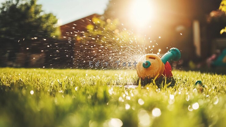 PSD sprinkler regando el césped verde a la luz del sol