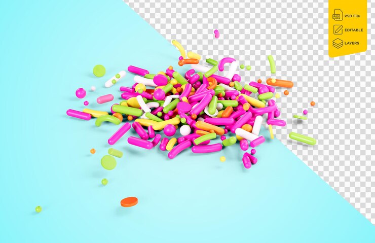PSD sprinkles coloridos para pasteles y artículos de panadería vista superior esparcidos en fondo azul ilustración 3d