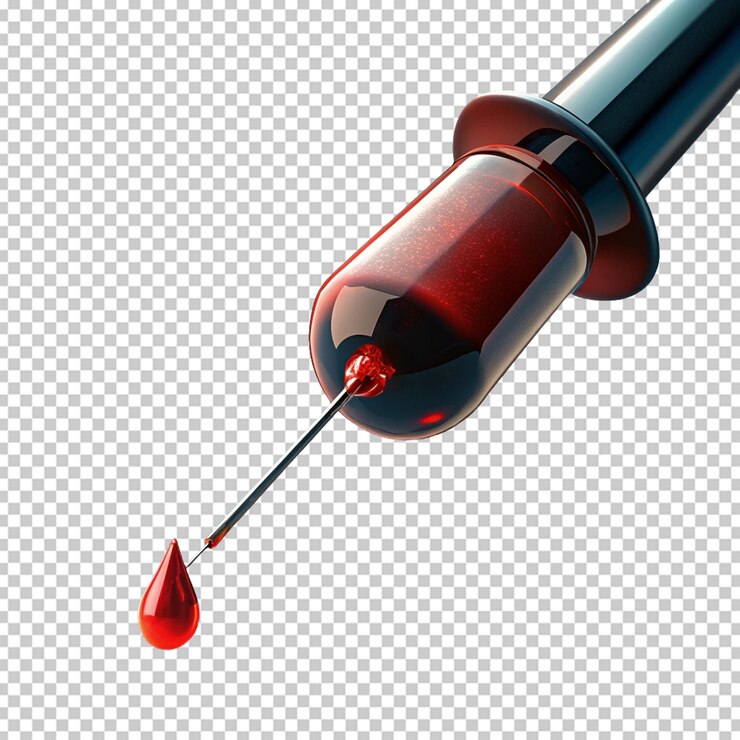 PSD spritzennadel mit blutstropfen makroansicht