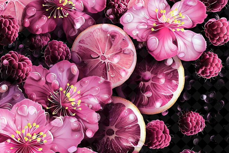 PSD spritzer de frambuesa y limón rosado luminoso con frambuesa espumosa de color neón comida bebida colección y2k