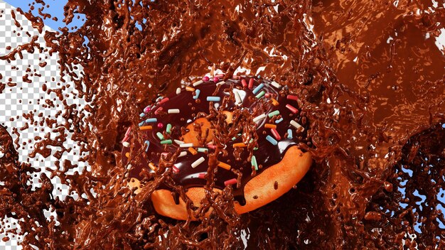 Spritzer schokoladensauce und ein donut, 3d-rendering. leckere donuts und spritzt heiße schokolade