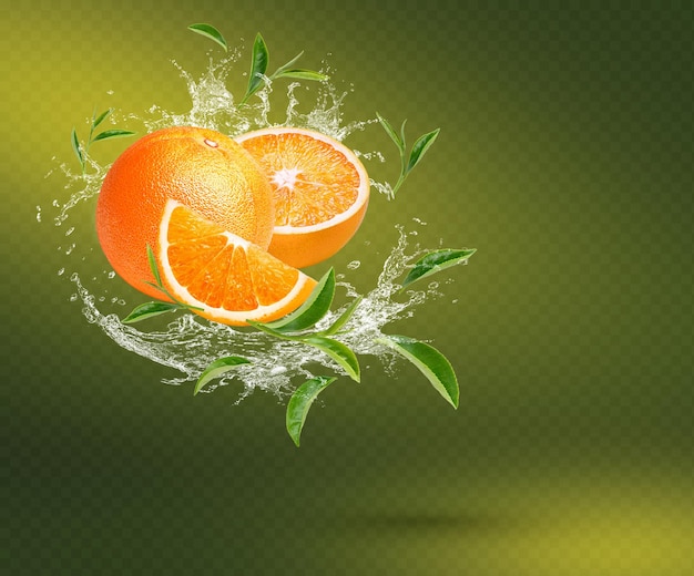 Spritzwasser auf frischen Orangen- und Teeblättern isoliert auf grünem Hintergrund. Premium-PSD
