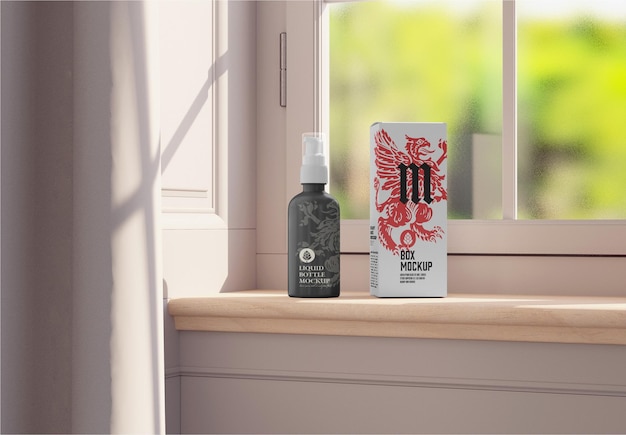 Sprühflasche mit box mockup 3d-rendering