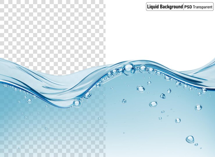 PSD spruzzata di acqua liquida blu con sfondo trasparente a bolle