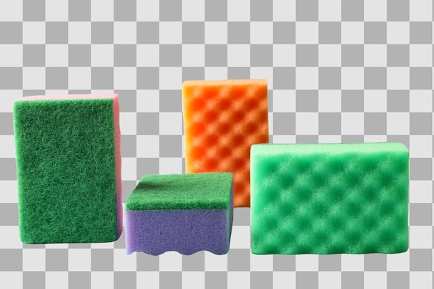 Spugne di pulizia di primavera di diversi colori isolate su sfondo bianco PNG