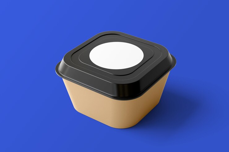 PSD square food container mockup with black lid and white label