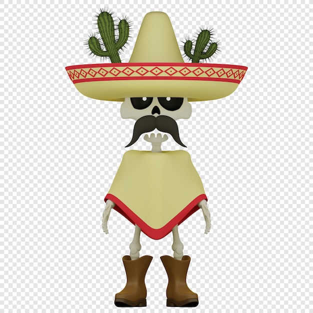 PSD squelette 3d en poncho et sombrero el da de muertos concept de vacances isolé illustration 3d