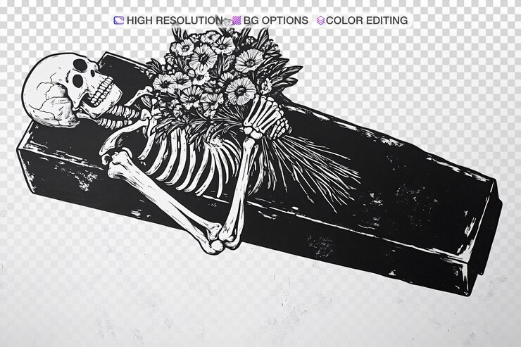 PSD squelette dans un cercueil tenant des fleurs art au pochoir sur fond blanc