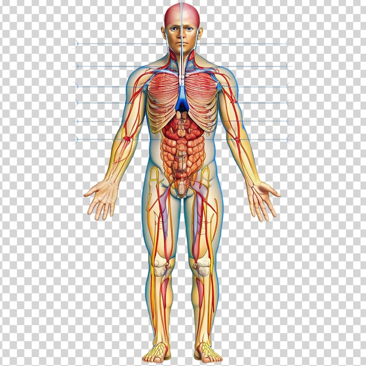 PSD un squelette avec des muscles et des veines étiquetés sur un fond transparent