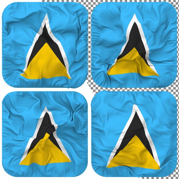 St.-Lucia-Flagge, Knappenform, isoliert, unterschiedlicher wehender Stil, Bump-Textur, 3D-Rendering