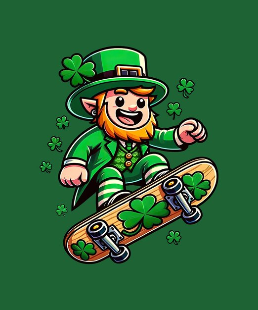 PSD st. patrick's day leprechaun charakter auf einem skateboard