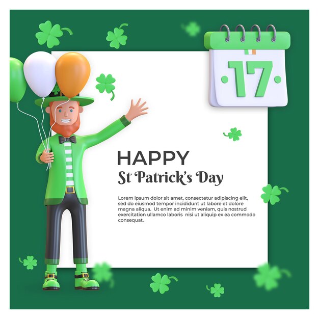 St. patrick's day social media template design mit leprechaun und kalendersymbol hintergrundillustration