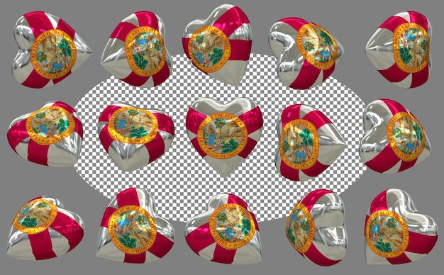 Staat Florida 3D-Herzflagge Isolierte verschiedene Positionen 3D-Rendering